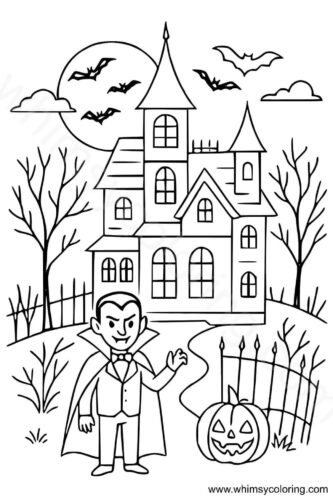Dracula in front of castle coloring page Dracula in front of castle coloring page