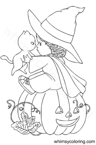 Little witch with her cat coloring page Little witch with her cat coloring page