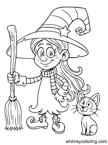 Witch with her cat coloring page Witch with her cat coloring page