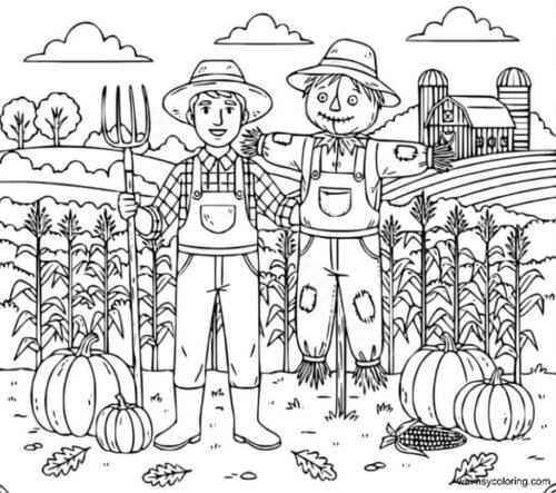 Farmer with scarecrow coloring page Farmer with scarecrow coloring page