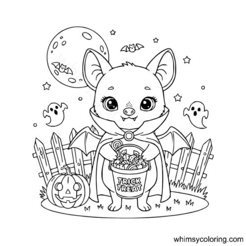 Halloween bat trick and treat coloring page