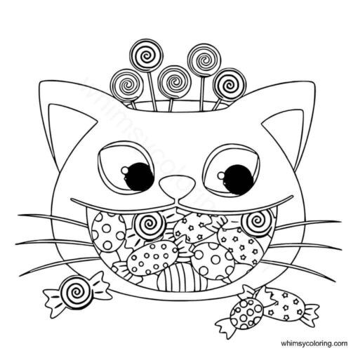 Halloween cat and candies coloring page Halloween cat and candies coloring page