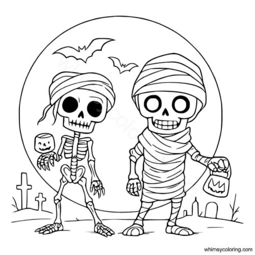 Mummy and skeleton coloring page