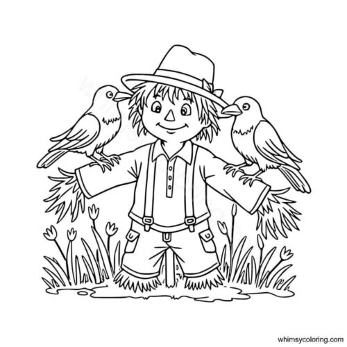 Scarecrow with crows coloring page Scarecrow with crows coloring page