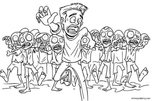 Zombies chasing a man coloring page