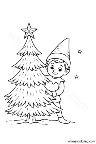 Elf hiding behind Christmas tree