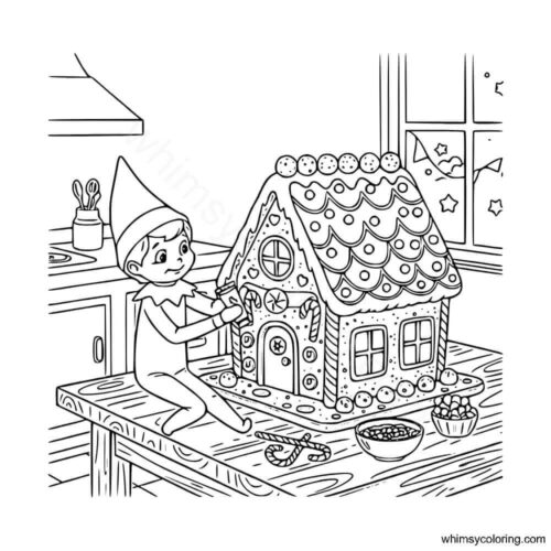 Elf making gingerbread house coloring page