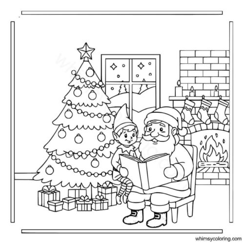 Elf on the shelf with Santa Claus coloring page