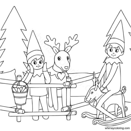 Elf on the shelf with toy reindeer coloring page