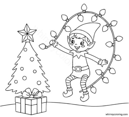 Elf putting lights on Christmas tree coloring page