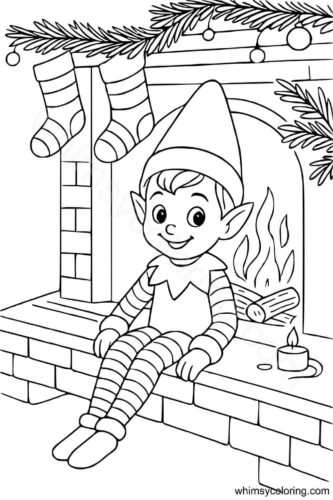 Elf sitting on the mantelpiece coloring page