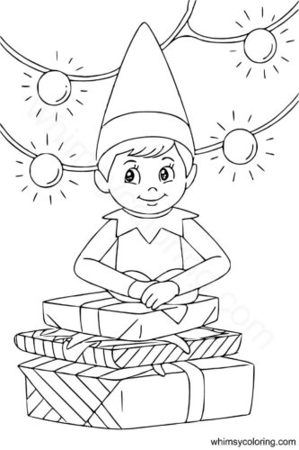 Elf sitting with Christmas gifts coloring page