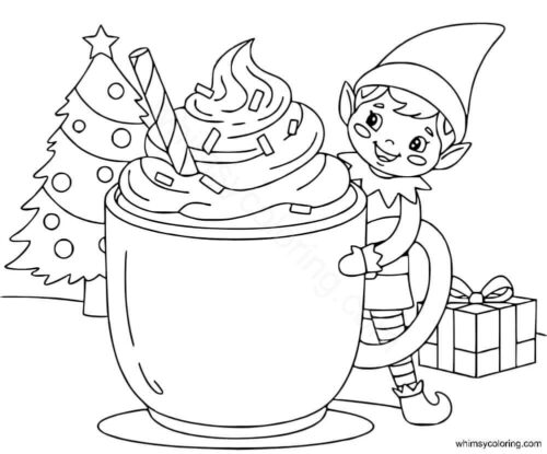 Elf with hot cocoa coloring page printable
