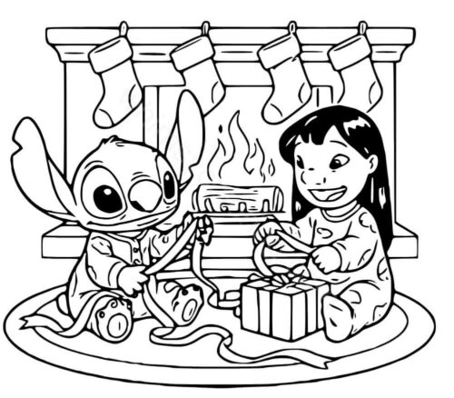 Lilo and Stitch wrapping Christmas gifts