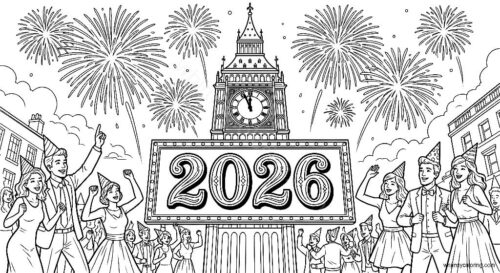 New Year 2026 party coloring page