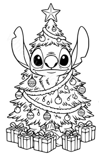 Stitch dressed as a Christmas tree