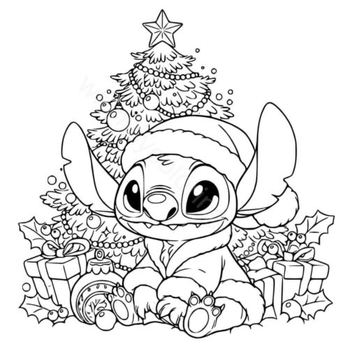 Stitch near Christmas tree coloring page