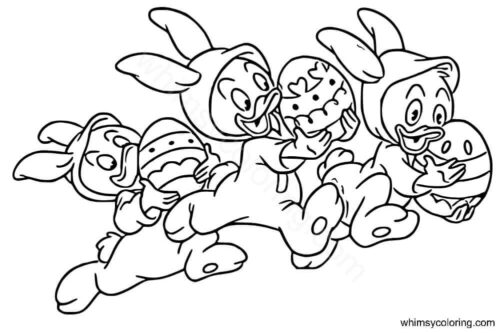 Huey Dewey Louie running with Easter eggs