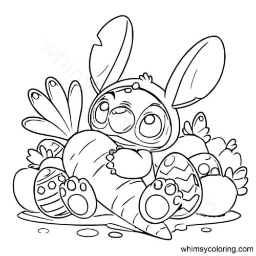 Stitch with a huge carrot coloring page
