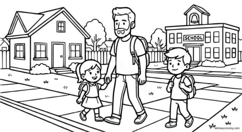 Dad taking kids to school coloring page