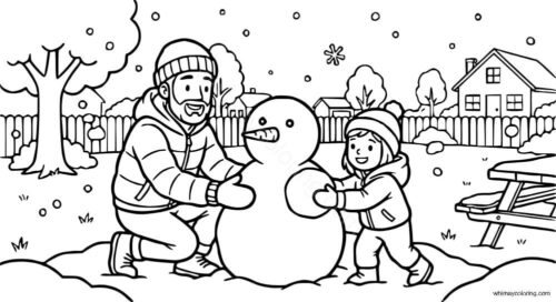 Father and daughter making snowman coloring page