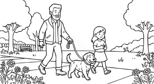 Father and daughter walking their dog