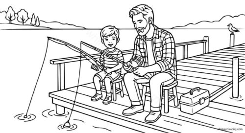 Father and son fishing coloring page