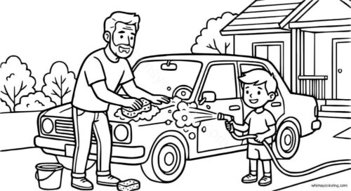 Father and son washing car